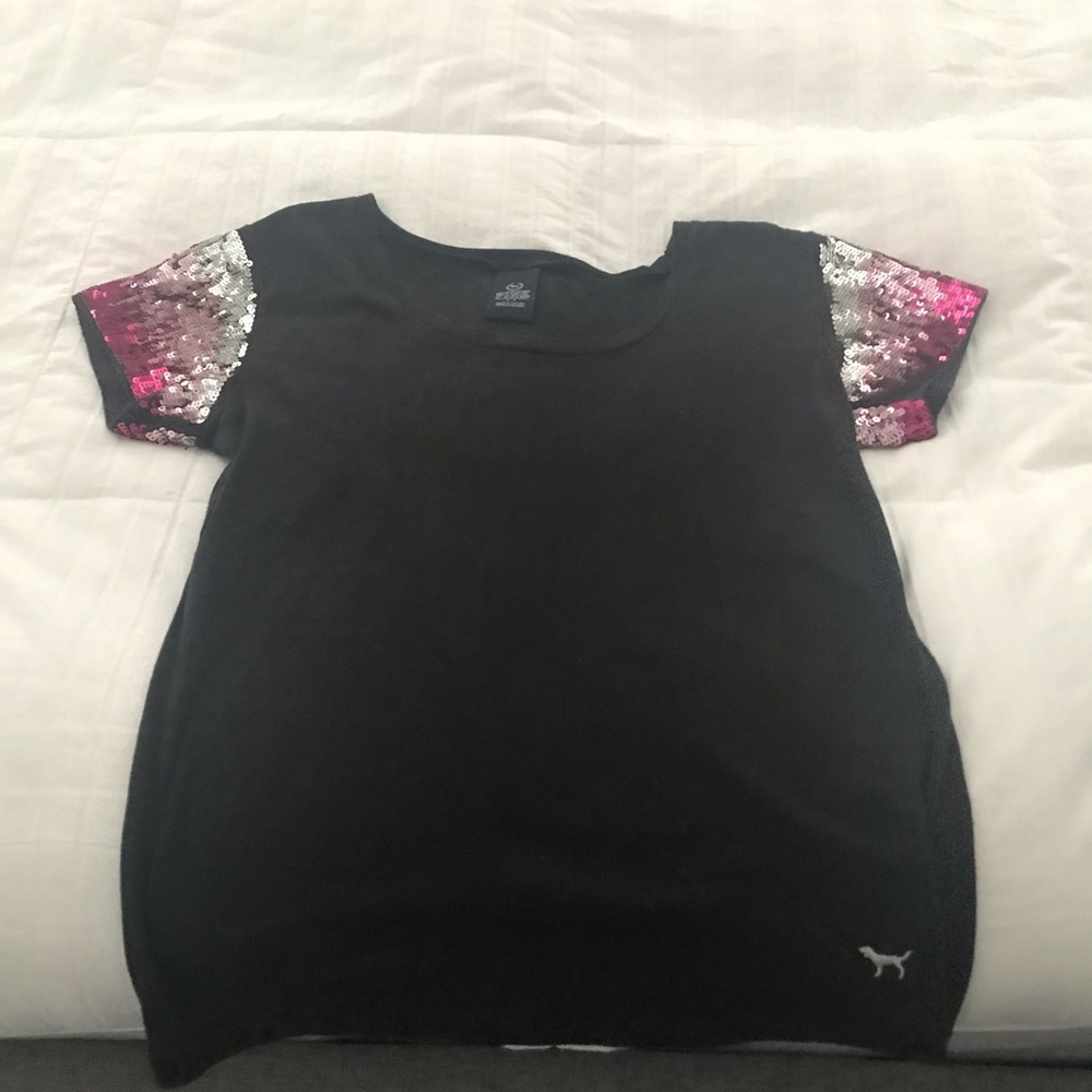 Used- PINK VS Glitter sleeve tee- size small